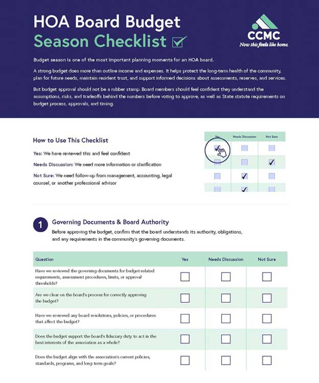 CCMC HOA Board Budget Season Checklist